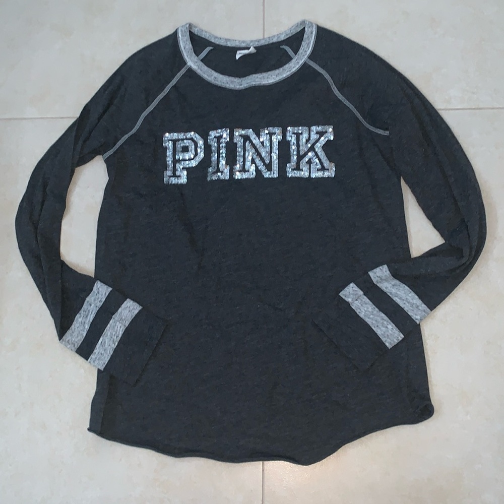Worn Once Pink Dark Gray Long Sleeve with Silver Sequins